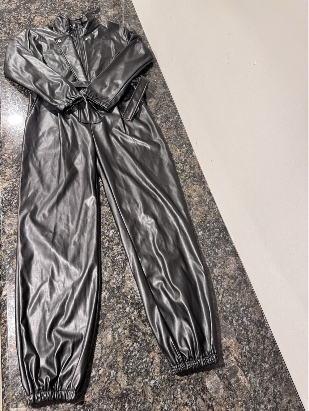 Faux Leather Jumpsuit Size M Long Sleeve Belted Utility Romper Catsuit Costume